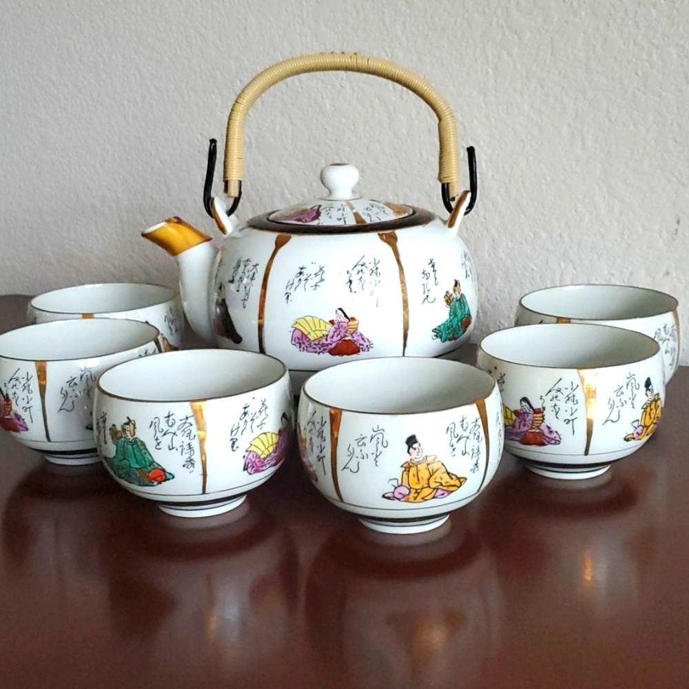 Vintage Kutani Japanese Tea set with covered teapot‎ and 6 cups